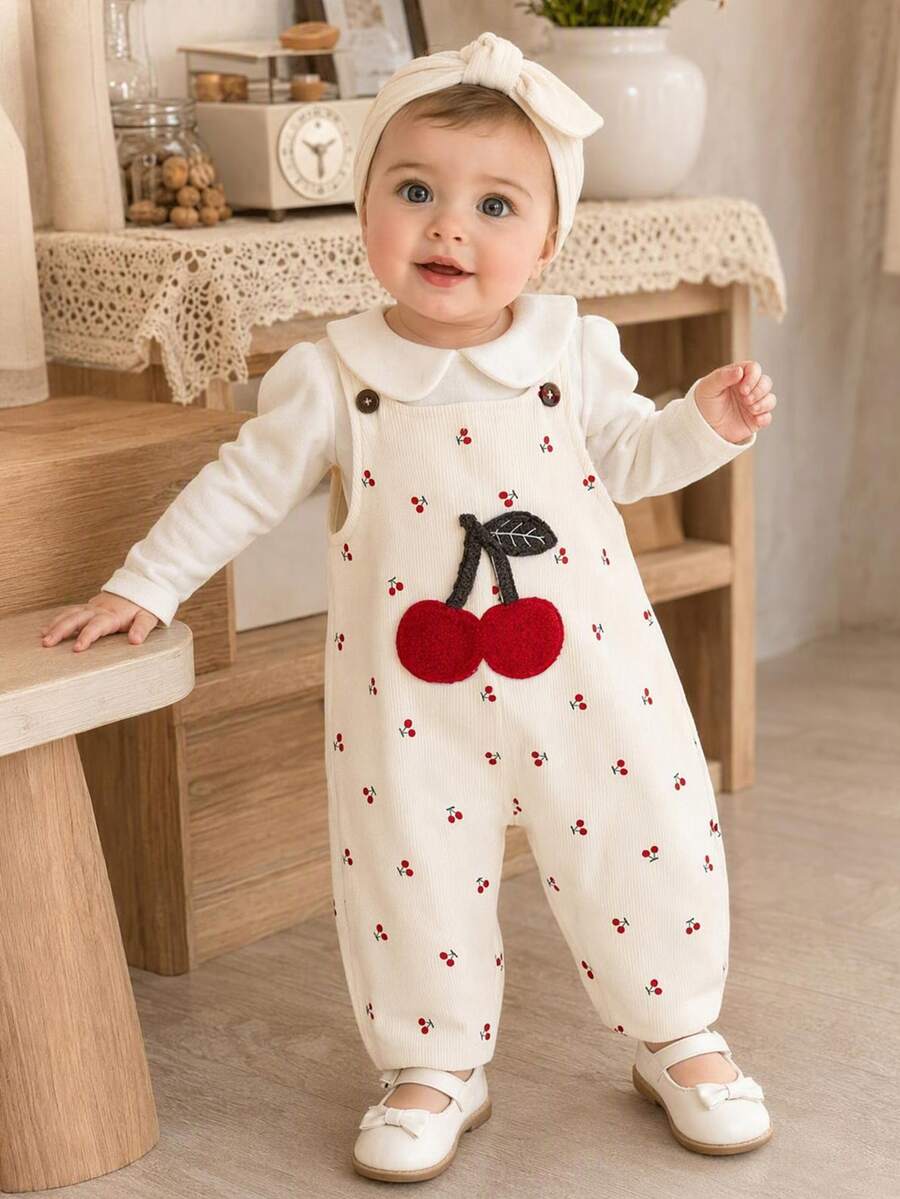 SHEIN 幼女吊帶襯衫 可愛女嬰 全白櫻桃印花 3D貼布 長袖 彼得潘領 常規版 親子套裝 拍照穿搭 秋季 - 紅白色 - 查看 1