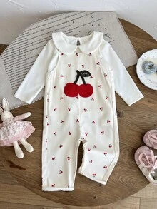 SHEIN 幼女吊帶襯衫 可愛女嬰 全白櫻桃印花 3D貼布 長袖 彼得潘領 常規版 親子套裝 拍照穿搭 秋季 - 紅白色 - 查看 6