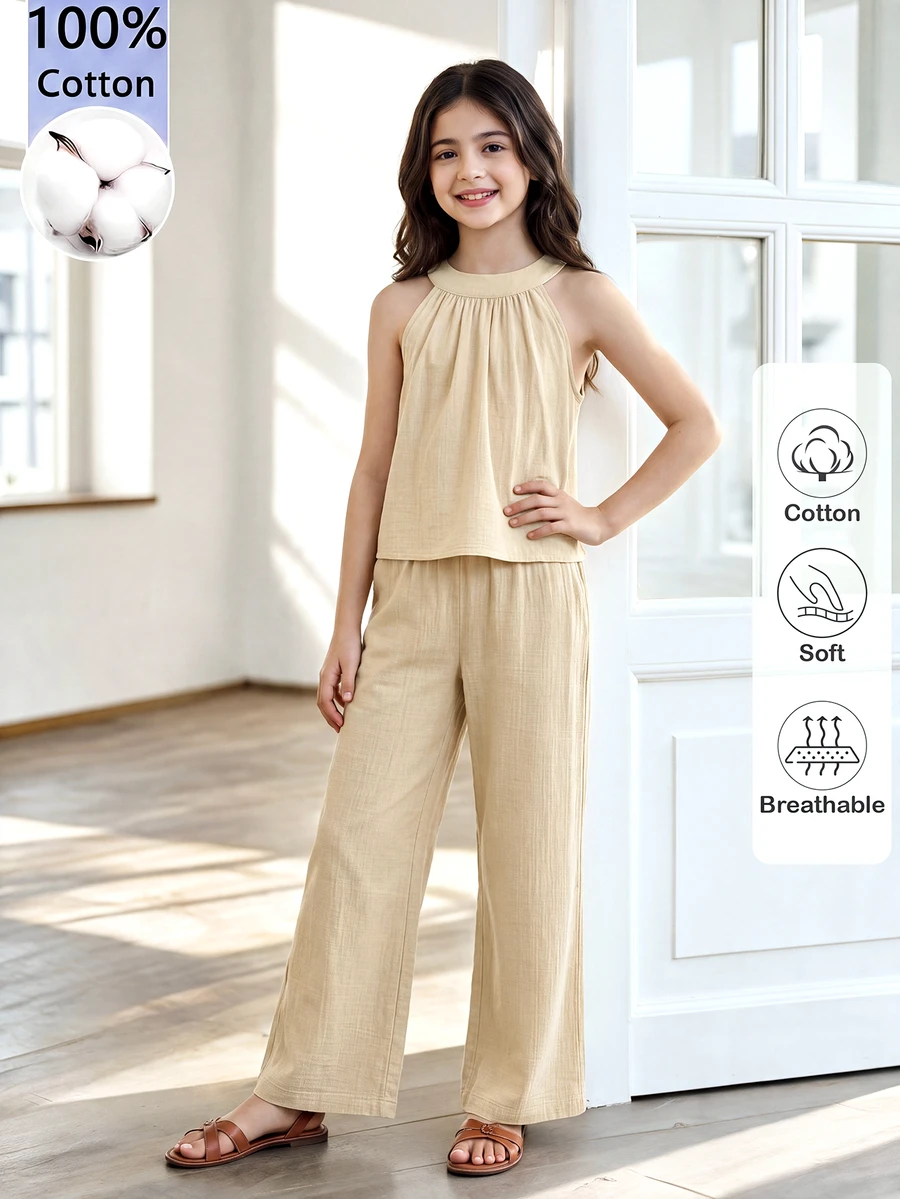 SHEIN 100%Cotton,Girls' Beach Vacation Basic Halter Shirt + Loose 3/4 Pants Woven 2 Pieces Set