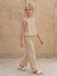 SHEIN 100%Cotton,Girls' Beach Vacation Basic Halter Shirt + Loose 3/4 Pants Woven 2 Pieces Set - Khaki - View 6