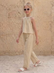 SHEIN 100%Cotton,Girls' Beach Vacation Basic Halter Shirt + Loose 3/4 Pants Woven 2 Pieces Set - Khaki - View 8