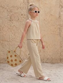 SHEIN 100%Cotton,Girls' Beach Vacation Basic Halter Shirt + Loose 3/4 Pants Woven 2 Pieces Set - Khaki - View 7