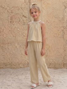 SHEIN 100%Cotton,Girls' Beach Vacation Basic Halter Shirt + Loose 3/4 Pants Woven 2 Pieces Set - Khaki - View 10