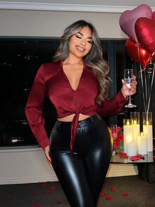 SHEIN SXY Women Solid Color Knot Front Long Sleeve Crop Blouse,Long Sleeve Tops - Burgundy - View 6