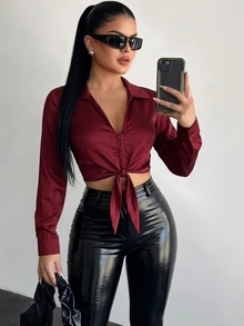 SHEIN SXY Women Solid Color Knot Front Long Sleeve Crop Blouse,Long Sleeve Tops - Burgundy - View 1