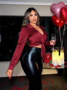 SHEIN SXY Women Solid Color Knot Front Long Sleeve Crop Blouse,Long Sleeve Tops - Burgundy - View 3