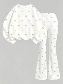 Young Girls Fall Bow Print Crew Neck Sweatshirt & Flare Pants Set, Cozy Autumn Outfit - Multicolor - View 2