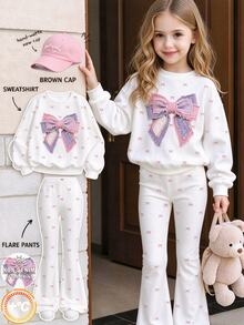 Young Girls Fall Bow Print Crew Neck Sweatshirt & Flare Pants Set, Cozy Autumn Outfit - Multicolor - View 1