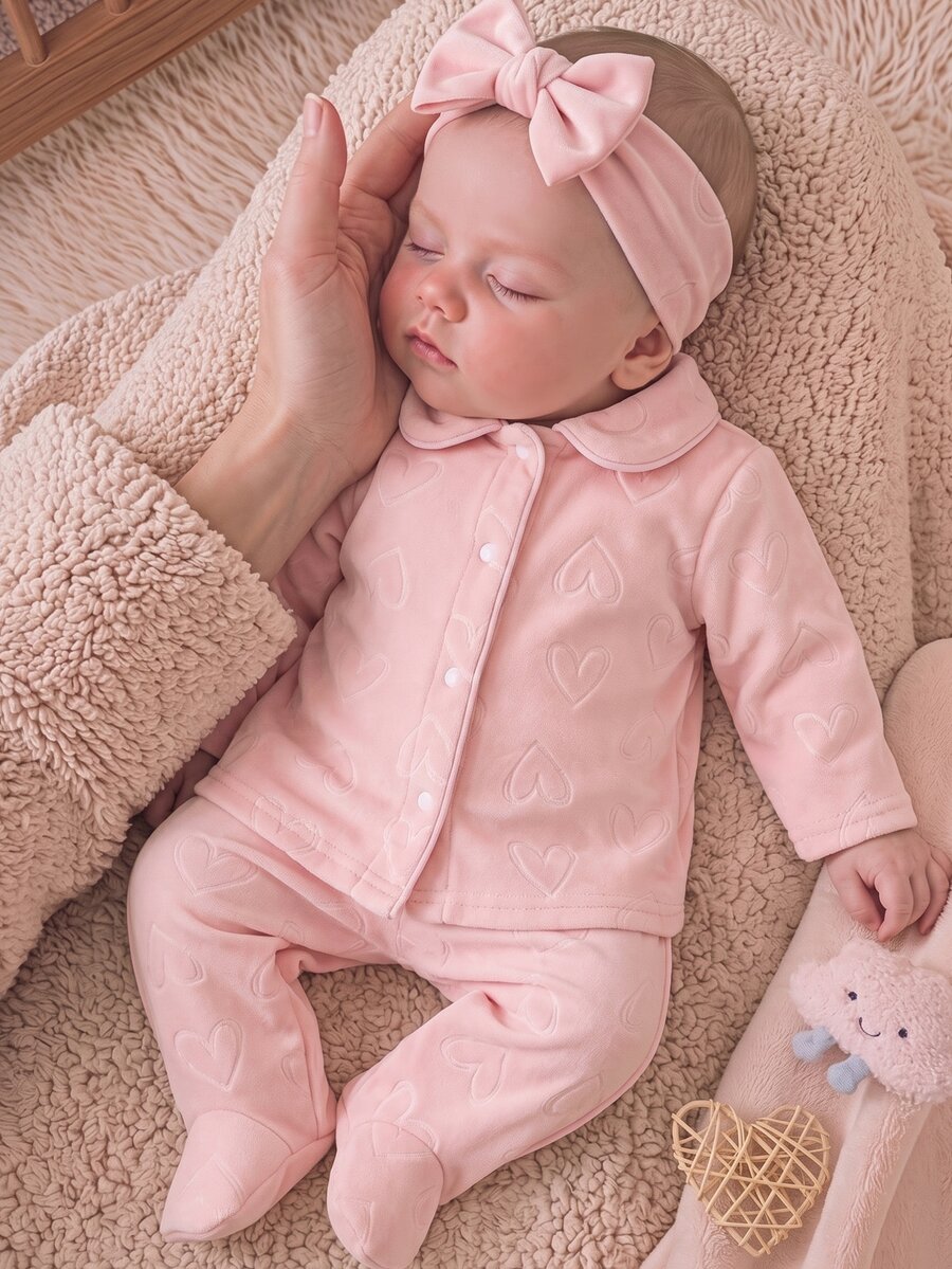SHEIN 2pcs/ Fall Autumn/Winter Set Newborn Pink Sweet Cute Bow Embossed Pattern Peter Pan Collar Button-Up Long Pants Sleeve Footed Casual Home Wear Cozy