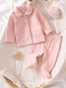 SHEIN 2pcs/ Fall Autumn/Winter Set Newborn Pink Sweet Cute Bow Embossed Pattern Peter Pan Collar Button-Up Long Pants Sleeve Footed Casual Home Wear Cozy - Pink - View 4