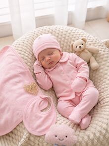 SHEIN 2pcs/ Fall Autumn/Winter Set Newborn Pink Sweet Cute Bow Embossed Pattern Peter Pan Collar Button-Up Long Pants Sleeve Footed Casual Home Wear Cozy - Pink - View 9