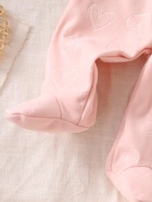 SHEIN 2pcs/ Fall Autumn/Winter Set Newborn Pink Sweet Cute Bow Embossed Pattern Peter Pan Collar Button-Up Long Pants Sleeve Footed Casual Home Wear Cozy - Pink - View 6