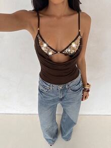 Aloruh Brown Lace Bodysuit Sexy Cup Mesh Patchwork - Brown - View 7