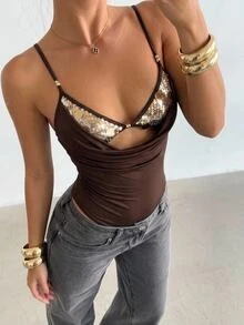 Aloruh Brown Lace Bodysuit Sexy Cup Mesh Patchwork - Brown - View 1