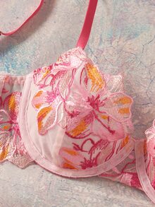 Elorette Women's Floral Embroidered Fashionable Comfortable Lingerie Set - Pink - View 6