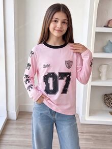 SHEIN 青少年女孩 Y2K 80年代美式運動球衣寬鬆長袖 T 恤 粉色圖案 秋季休閒校園返校穿搭 柔軟面料上衣 日常款 - 粉色 - 查看 2
