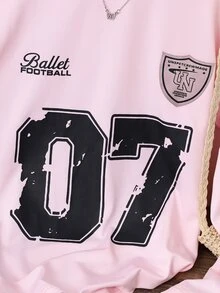 SHEIN 青少年女孩 Y2K 80年代美式運動球衣寬鬆長袖 T 恤 粉色圖案 秋季休閒校園返校穿搭 柔軟面料上衣 日常款 - 粉色 - 查看 7