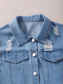 SHEIN 青少年女孩 2 件套套裝 破洞牛仔背心短版夾克 條紋背心連身裙 無袖休閒時尚開衩中長裙 春夏度假穿搭 - 灰色 - 查看 5