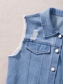 SHEIN 青少年女孩 2 件套套裝 破洞牛仔背心短版夾克 條紋背心連身裙 無袖休閒時尚開衩中長裙 春夏度假穿搭 - 灰色 - 查看 4