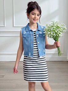 SHEIN 青少年女孩 2 件套套裝 破洞牛仔背心短版夾克 條紋背心連身裙 無袖休閒時尚開衩中長裙 春夏度假穿搭 - 灰色 - 查看 1
