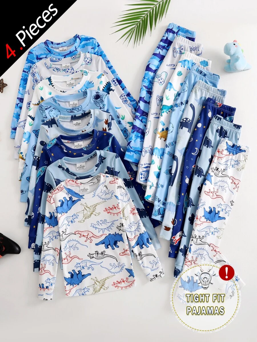 2套小男孩居家服 男童可愛卡通印花長袖長褲針織修身睡衣家居服套裝