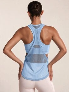 SHEIN BAE 女款純色鏤空拼接賽車背心運動機能背心 - 藍色 - 查看 4
