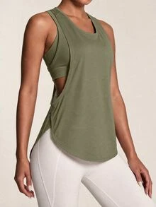 SHEIN BAE 女款極簡主義網布拼接運動背心，適合跑步與健身 - 軍綠色 - 查看 4