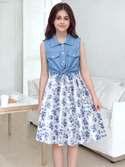 SHEIN Setelan Anak Perempuan Remaja 2 Potong: Rompi Biru Muda, Biru dan Putih, Motif Bunga, Gaun Mini Cami, Musim Semi/Musim Panas, Set 2 Potong Liburan Tropis yang Lucu