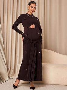 MaterniChic Maternity Solid Color Semi-High Neck Long Sleeve Tie-Front Comfortable Elegant Chic Dress Christmas Photoshoot Black Fall - Brown - View 5