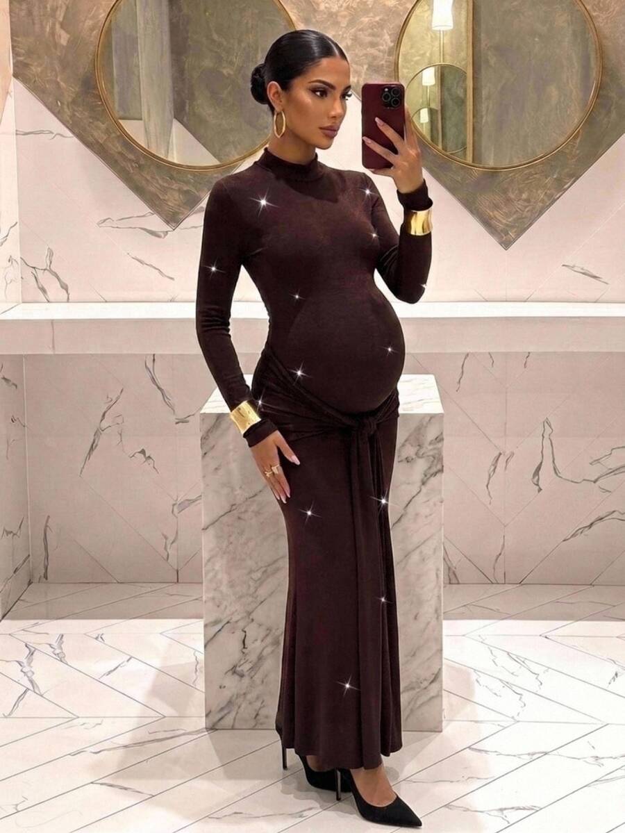 MaterniChic Maternity Solid Color Semi-High Neck Long Sleeve Tie-Front Comfortable Elegant Chic Dress Christmas Photoshoot Black Fall - Brown - View 1