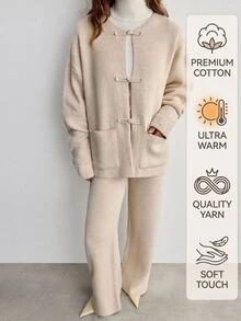 SHEIN Women's Chinese Frog Button Knit Jacket & Wide Leg Elastic Waist Pants Two Pieces Set - Cream - View 10