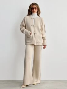 SHEIN Women's Chinese Frog Button Knit Jacket & Wide Leg Elastic Waist Pants Two Pieces Set - Cream - View 8