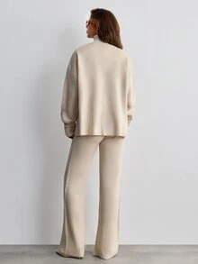 SHEIN Women's Chinese Frog Button Knit Jacket & Wide Leg Elastic Waist Pants Two Pieces Set - Cream - View 2