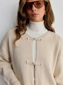 SHEIN Women's Chinese Frog Button Knit Jacket & Wide Leg Elastic Waist Pants Two Pieces Set - Cream - View 6