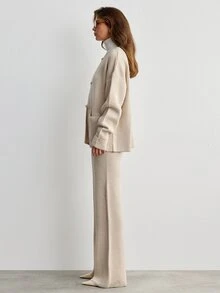 SHEIN Women's Chinese Frog Button Knit Jacket & Wide Leg Elastic Waist Pants Two Pieces Set - Cream - View 3