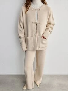 SHEIN Women's Chinese Frog Button Knit Jacket & Wide Leg Elastic Waist Pants Two Pieces Set - Cream - View 5
