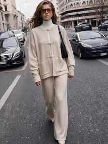 SHEIN Women's Chinese Frog Button Knit Jacket & Wide Leg Elastic Waist Pants Two Pieces Set - Cream - View 7