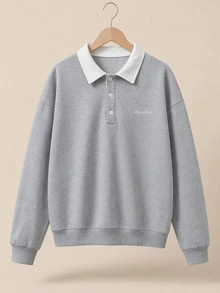 EASEVO Men's Casual Pullover Sweatshirt, Black, Plus Size, Turn-Down Collar, Embroidered, Spring/Autumn - Grey - View 6