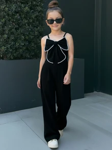 SHEIN Textured Fabric Spaghetti Strap Jumpsuit, French Bow Design, Niche Elegant Fashion, Draping Snug Fit Straight Leg Jumpsuit, Spring/Summer - Black - View 7