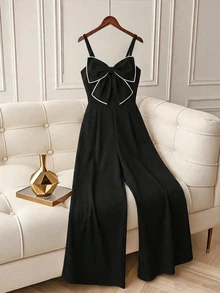 SHEIN Textured Fabric Spaghetti Strap Jumpsuit, French Bow Design, Niche Elegant Fashion, Draping Snug Fit Straight Leg Jumpsuit, Spring/Summer - Black - View 3