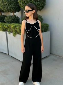 SHEIN Textured Fabric Spaghetti Strap Jumpsuit, French Bow Design, Niche Elegant Fashion, Draping Snug Fit Straight Leg Jumpsuit, Spring/Summer - Black - View 6