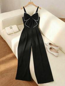 SHEIN Textured Fabric Spaghetti Strap Jumpsuit, French Bow Design, Niche Elegant Fashion, Draping Snug Fit Straight Leg Jumpsuit, Spring/Summer - Black - View 4
