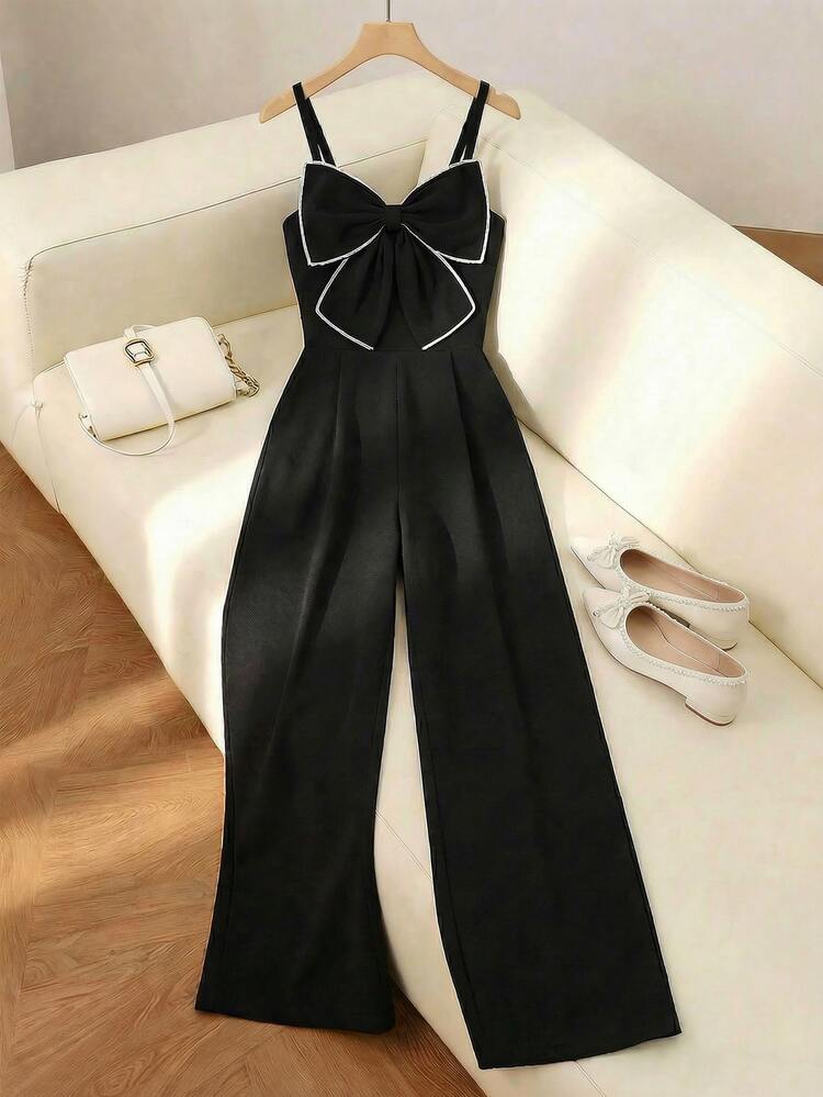 SHEIN Textured Fabric Spaghetti Strap Jumpsuit, French Bow Design, Niche Elegant Fashion, Draping Snug Fit Straight Leg Jumpsuit, Spring/Summer - Black - View 4