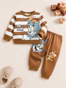 TOM & JERRY X SHEIN 2件組幼兒卡通條紋衛衣與長褲套裝 印花長袖柔軟休閒套裝 春秋日常穿著 - 彩色 - 查看 3