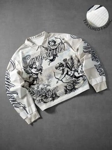 ROMWE MEN Men's Cupid Angel Print Striped Polo Shirt - Loose Streetwear Pullover - Apricot - View 5
