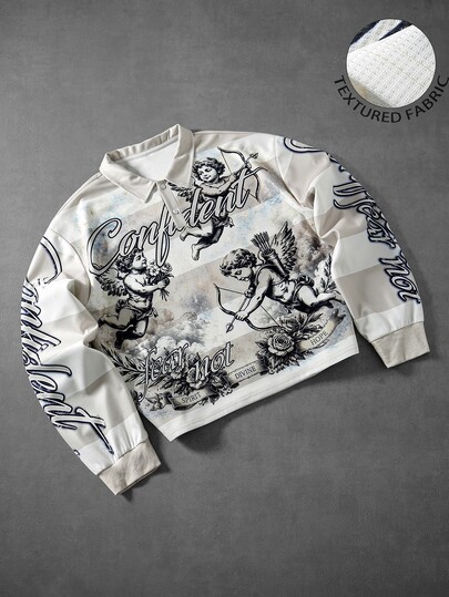 ROMWE MEN Men's Cupid Angel Print Striped Polo Shirt - Loose Streetwear Pullover