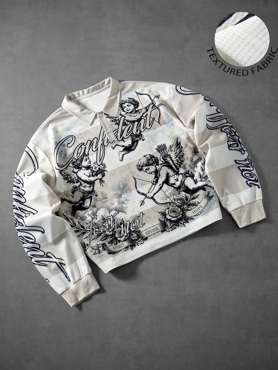 ROMWE MEN Men's Cupid Angel Print Striped Polo Shirt - Loose Streetwear Pullover - Apricot - View 1
