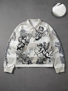 ROMWE MEN Men's Cupid Angel Print Striped Polo Shirt - Loose Streetwear Pullover - Apricot - View 1