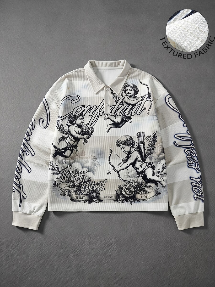 ROMWE MEN Men's Cupid Angel Print Striped Polo Shirt - Loose Streetwear Pullover - Apricot - View 1