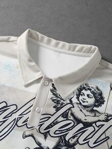 ROMWE MEN Men's Cupid Angel Print Striped Polo Shirt - Loose Streetwear Pullover - Apricot - View 4